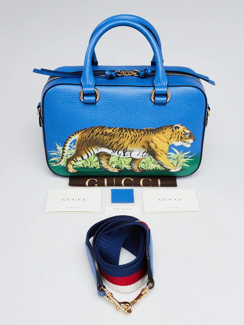 Gucci Tiger Painted Blue Leather Top Handle Bag (Pre-Loved)
