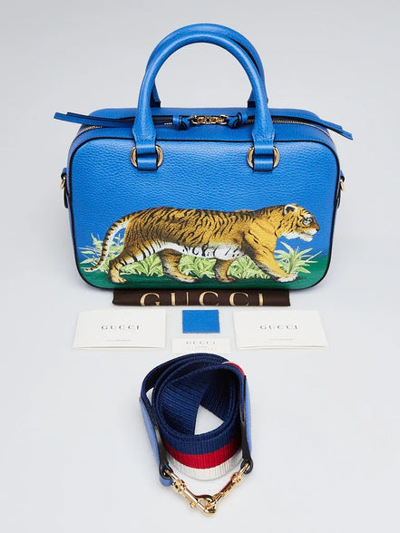 Gucci Tiger Painted Blue Leather Top Handle Bag (Pre-Loved)
