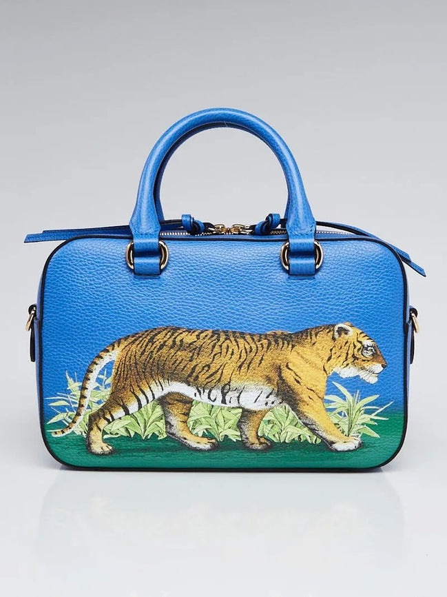 Gucci Tiger Painted Blue Leather Top Handle Bag (Pre-Loved)