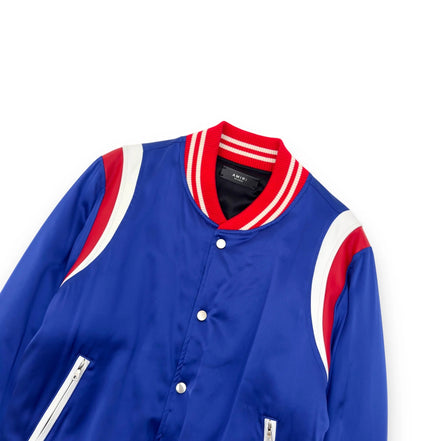 Amiri Blue Satin & Leather Trim Varsity Bomber Jacket "Unworn"