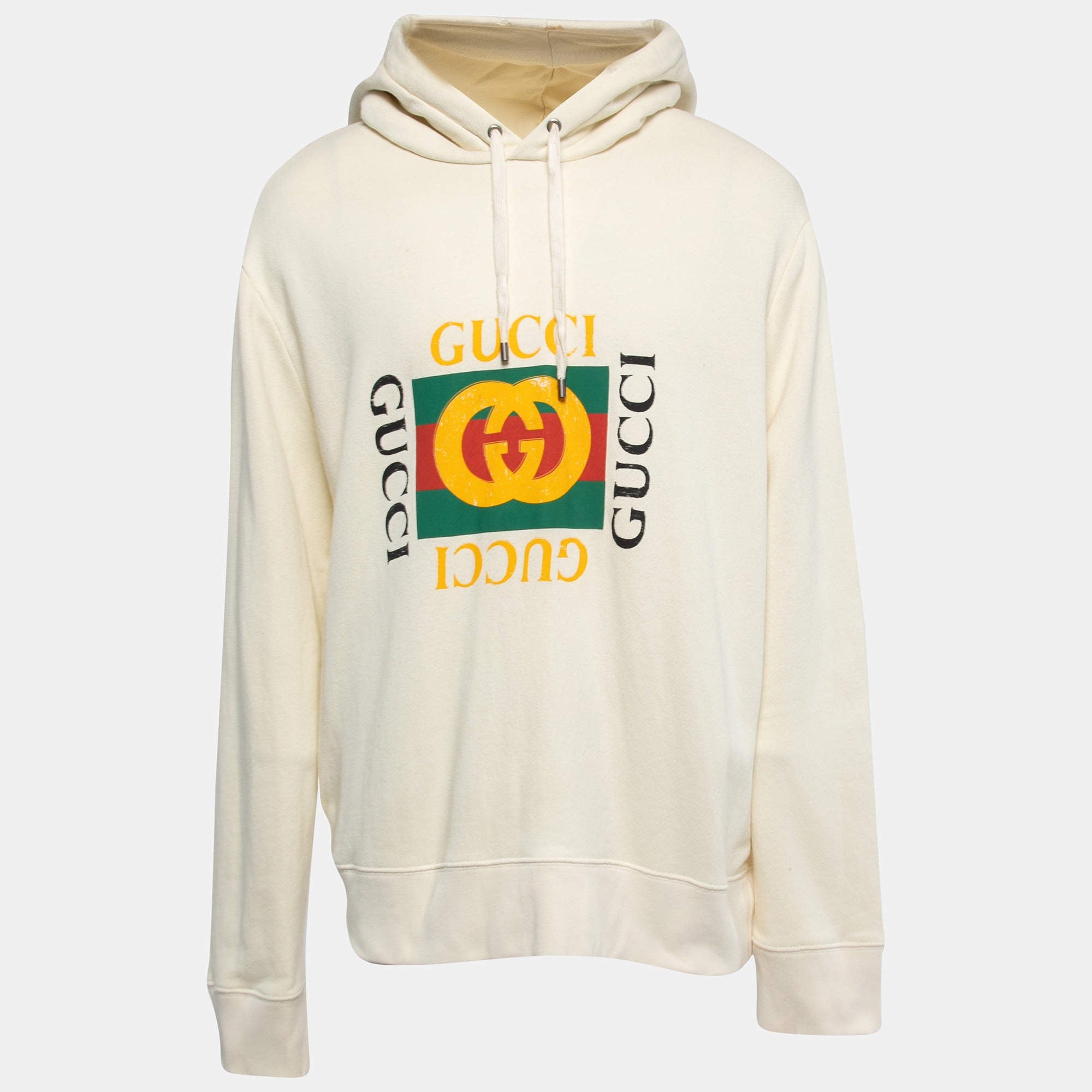 Gucci Vintage Logo Print White Cotton Hoodie (Pre-Loved)