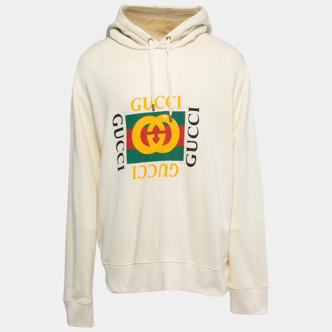 Gucci Vintage Logo Print White Cotton Hoodie (Pre-Loved)
