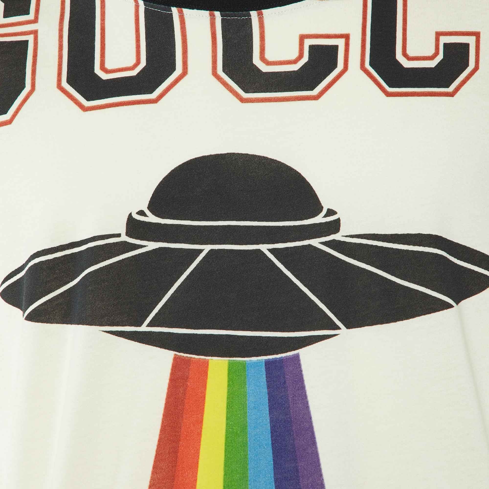 Gucci Cream UFO Print Cotton Distressed Crew Neck T-Shirt 