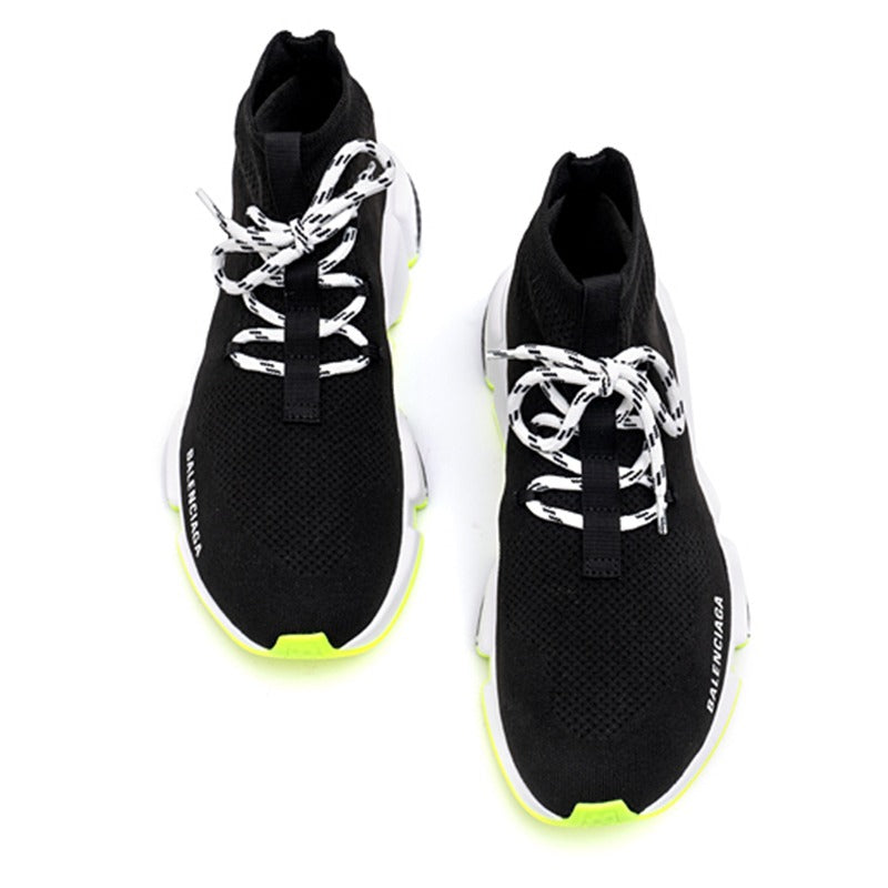 Balenciaga Black and Neon Yellow Speed Lace-Up Trainers 