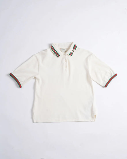 Gucci Tiger Head Web Collar White Cotton Polo Shirt (Pre-Loved)