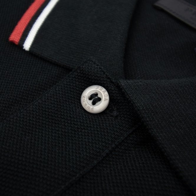 Prada Logo Plaque Tipped Black Cotton Polo Shirt (Pre-Loved)
