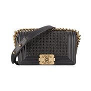 Chanel CC Small Boy Bag Black Woven Leather 