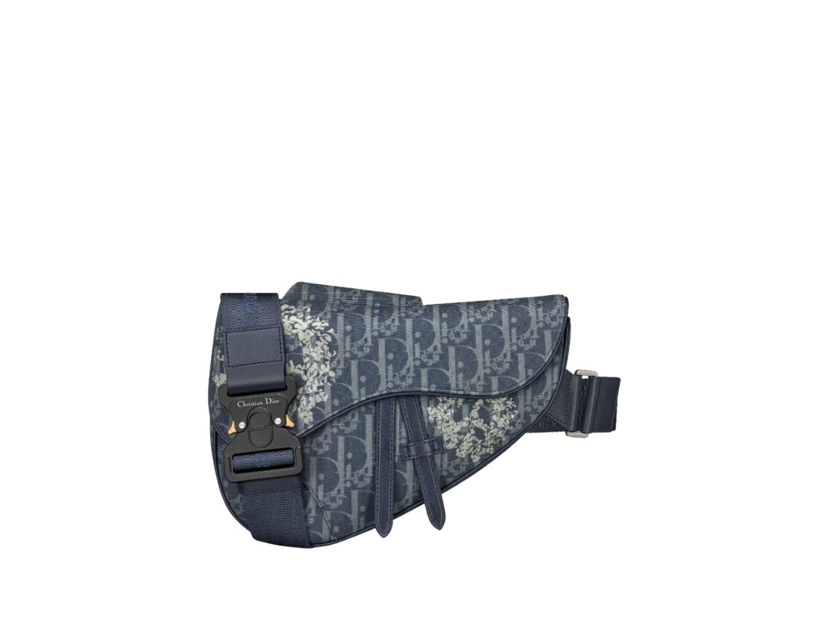 Dior Navy Blue Oblique Jacquard Floral Motif Saddle Bag (Pre-Loved)