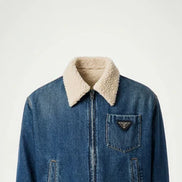 Prada Blue Denim Zip-Up Jacket with Shearling Collar 