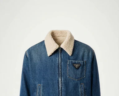 Prada Blue Denim Zip-Up Jacket with Shearling Collar 